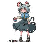  1girl animal_ears atari blue_capelet brown_footwear capelet copyright_request e.t. game_cartridge grey_hair grey_skirt holding holding_game_cartridge kasuya_baian mouse_ears mouse_tail nazrin open_mouth red_eyes short_hair skirt socks solo tail touhou white_background 