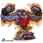  1boy artist_logo artist_name ball belt bracelet brown_pants clenched_hands crash_bandicoot_(series) flexing jewelry koala_kong lukart96 mario_strikers open_mouth pants red_shirt shirt singlet sleeveless solo spiked_bracelet spikes watermark 