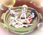  4girls all_fours arm_rest ass bare_shoulders barefoot bikini bikini_skirt black_hair blonde_hair blue_bikini blue_eyes boku_wa_tomodachi_ga_sukunai bowl breasts brown_eyes brown_hair butterfly_hair_ornament casual_one-piece_swimsuit cleavage closed_mouth flower front-tie_top hair_flower hair_ornament halterneck hasegawa_kobato heterochromia holding holding_stuffed_toy kashiwazaki_sena kusunoki_yukimura long_hair long_legs looking_at_viewer medium_breasts mikazuki_yozora multiple_girls official_art one-piece_swimsuit one_eye_closed open_mouth pink_bikini purple_eyes rabbit red_eyes ribbon short_hair sitting smile stuffed_animal stuffed_rabbit stuffed_toy swimsuit thighs two_side_up watanabe_yoshihiro wrist_ribbon 