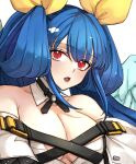  1girl angel_wings asymmetrical_wings bare_shoulders belt blue_hair breasts choker cleavage clothing_cutout collarbone detached_collar detached_sleeves dizzy_(guilty_gear) ebi_pri_shrimp guilty_gear guilty_gear_xrd hair_between_eyes hair_ribbon hair_rings large_breasts long_hair looking_at_viewer mature_female open_mouth red_eyes ribbon shaded_face sidelocks solo twintails upper_body wings yellow_ribbon 
