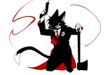  anthro axe black_tie_(suit) cape clothing domestic_cat eyewear felid feline felis flower gentleman glasses gun kmn_f0_(artist) lackadaisy looking_at_viewer male mammal mordecai_heller necktie plant ranged_weapon simple_background solo suit tail weapon webcomic 