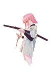  1girl absurdres bchan1582 blush cropped_legs dirty dirty_clothes from_side grey_shirt highres holding holding_ribbon holding_sword holding_weapon katana layered_sleeves long_sleeves looking_down original pink_eyes pink_hair ribbon sheath sheathed shirt short_hair short_over_long_sleeves short_sleeves sidelocks simple_background solo sword weapon 