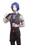  1boy absurdres apron black_apron black_pants blue_hair blue_ribbon chesed_(project_moon) coffee_pot collared_shirt cup highres holding holding_coffee_pot holding_cup lobotomy_corporation long_sleeves male_focus medium_hair neck_ribbon pants parted_lips project_moon ribbon ruiieru shirt smile solo waiter white_shirt yellow_eyes 