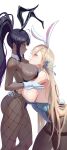  2girls absurdres animal_ears asuna_(blue_archive) asuna_(bunny)_(blue_archive) black_hair black_hairband black_leotard blonde_hair blue_archive blue_leotard breasts brown_pantyhose dark-skinned_female dark_skin detached_collar fake_animal_ears fishnet_pantyhose fishnets from_side gloves grin hairband high_ponytail highres hug karin_(blue_archive) karin_(bunny)_(blue_archive) large_breasts leotard long_hair looking_at_another multiple_girls pantyhose parted_lips playboy_bunny rabbit_ears rabbit_tail rasipan sideboob smile tail very_long_hair white_gloves white_hairband yellow_eyes yuri 