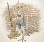  1girl absurdres animal_hands bird_legs bird_tail blue_overalls brick_wall bright_pupils broom brown_eyes claws digitigrade feathered_wings flower grey_feathers grey_hair hair_between_eyes hair_flower hair_ornament harpy highres holding holding_broom leaf leaf_on_head looking_at_viewer messy_hair monster_girl original overalls short_hair solo tail tail_feathers talons tan tateoftot winged_arms wings 
