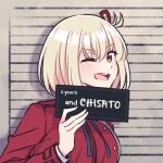  1girl akamirai blonde_hair hair_ribbon jacket looking_at_viewer lycoris_recoil mugshot nishikigi_chisato one_eye_closed open_mouth red_jacket red_ribbon ribbon short_hair smile 