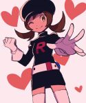  1girl ;) belt black_dress black_headwear boots brown_eyes brown_hair clenched_hand closed_mouth commentary_request dress gloves hat heart logo long_hair looking_at_viewer lyra_(pokemon) one_eye_closed pokemon pokemon_(game) pokemon_hgss pokemon_masters_ex smile solo spread_fingers team_rocket team_rocket_uniform thigh_boots twintails tyako_089 