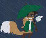  anthro averi_(fiddleafox) brown_body brown_eyes brown_fur canid canine clothing dipstick_tail female female_anthro fiddleafox fox fur gloves_(marking) green_clothing hair leg_markings mammal markings raining socks_(marking) solo tail tail_markings umbrella white_body white_fur 