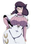  1girl big_hair breasts buttons capelet curvy glasses green_eyes hand_on_own_hip highres koutarosu large_breasts long_sleeves mature_female pink-framed_eyewear pink_sweater pokemon pokemon_(game) pokemon_sm purple_hair ribbed_sweater skirt solo sweater turtleneck turtleneck_sweater white_background white_capelet white_skirt wicke_(pokemon) wide_hips 
