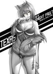  absurdres alternate_costume animal_ear_fluff arknights artist_name bare_shoulders breasts casual_one-piece_swimsuit cleavage collarbone cowboy_shot dated grey_theme hand_in_pocket highres jacket knight_fault large_breasts long_hair long_sleeves looking_at_viewer mask_pull monochrome off_shoulder one-piece_swimsuit open_clothes open_jacket open_mouth orange_eyes pulled_by_self spot_color swimsuit texas_(arknights) tongue tongue_out two-tone_background zipper zipper_pull_tab 
