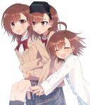  3girls :3 ahoge black_socks blue_dress blush bow brown_eyes brown_hair brown_jacket carrying clone collared_shirt crying crying_with_eyes_open dress female_child fingernails fireman&#039;s_carry from_side goggles goggles_on_head hair_ornament hairclip highres hug hug_from_behind jacket last_order_(toaru_majutsu_no_index) miniskirt misaka_imouto misaka_mikoto multiple_girls open_mouth parted_bangs plaid plaid_skirt polka_dot polka_dot_dress red_bow roruku school_uniform shirt short_hair shorts shorts_under_skirt skirt smile socks tears toaru_majutsu_no_index tokiwadai_school_uniform upper_body walking white_background white_jacket white_shirt winter_uniform 