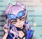  1girl black_choker choker collarbone earrings evelynn_(league_of_legends) fake_claws grey_hair grin hand_up jacket jewelry k/da_all_out_evelynn league_of_legends long_hair multicolored_clothes multicolored_jacket notice_lines official_alternate_costume open_clothes open_jacket orange_eyes phantom_ix_row smile solo sunglasses teeth upper_body yellow_eyes 