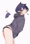  1girl black_hoodie black_panties blush commentary cowboy_shot fang hair_between_eyes hands_in_pockets highres hololive hood hoodie ku_roiko long_sleeves looking_at_viewer mole mole_under_eye multicolored_hair ninomae_ina&#039;nis no_pants open_mouth panties purple_hair short_hair simple_background sleeves_past_wrists smile solo standing takodachi_(ninomae_ina&#039;nis) tentacle_hair underwear virtual_youtuber white_background 