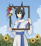  1girl absurdres animal_ears arbor_spirit artist_name black_hair blue_sky breasts choker cloud collarbone dress empty_picture_frame flower fox_ears green_eyes highres large_breasts light_smile long_dress long_sleeves looking_at_viewer original picture_frame short_hair shy sky solo sunflower 