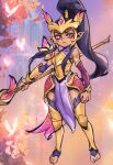  1girl armor bare_shoulders black_hair breastplate clenched_hand covered_collarbone faerie_court_kalista fairy frown gem gold_armor holding holding_polearm holding_weapon kalista league_of_legends long_hair multicolored_background nail_polish phantom_ix_row pink_nails pointy_ears polearm red_eyes shorts shoulder_plates toenail_polish toenails tree very_long_hair weapon 