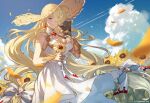  1girl bare_shoulders blonde_hair breasts closed_mouth cloud dress earrings flower granblue_fantasy green_eyes hair_over_one_eye hat holding holding_flower holding_mask jewelry long_hair mask medium_breasts minaba_hideo official_art outdoors petals predator_(granblue_fantasy) sky smile solo straw_hat sunflower very_long_hair white_dress 