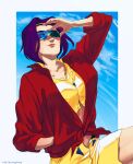  1girl artist_name blue_sky breasts cloud cloudy_sky cowboy_bebop faye_valentine hairband highres light_smile lips mr-shimurka purple_hair science_fiction shorts sky solo sunglasses swordfish_ii yellow_hairband yellow_shorts 