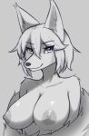  anthro areola big_breasts breasts bust_portrait canid canine clothing clothing_aside digital_media_(artwork) exposed_shoulders female fur hair hi_res looking_at_viewer mammal monochrome nipples portrait smile smirk solo vecnarvi 
