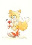  1boy cellphone cellphone_charm charm_(object) dripping finik gloves highres holding holding_phone open_mouth phone puddle shoes simple_background smartphone solo sonic_(series) tails_(sonic) transparent_raincoat wet white_background white_gloves 