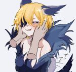  1girl 1other animal_ears blonde_hair breasts don_quixote_(limbus_company) e.g.o_(project_moon) fur_collar limbus_company low_neckline moth_ram one_eye_closed petting project_moon purple_eyes small_breasts star_(symbol) tail tail_wagging wolf_ears wolf_tail 