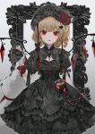 1girl absurdres alternate_costume black_dress black_headwear blonde_hair blood blood_bag daimaou_ruaeru dress flandre_scarlet flower gothic_lolita highres lolita_fashion looking_at_viewer picture_frame red_eyes red_flower red_wings short_hair solo touhou white_background wings 