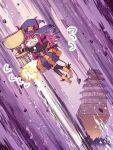  &gt;_&lt; 1girl architecture boots capelet castle east_asian_architecture elizabeth_bathory_(fate) elizabeth_bathory_(halloween_caster)_(fate) fate/grand_order fate_(series) hat holy_grail_(fate) horns long_hair minafuni purple_background purple_hair pyramid_(structure) speed_lines tail two-tone_dress witch_hat 