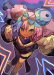  1girl 9302w_(user_wjpg8475) blue_hair bow-shaped_hair character_hair_ornament clenched_teeth from_above full_body grey_footwear hair_ornament highres iono_(pokemon) jacket long_sleeves looking_at_viewer multicolored_hair oversized_clothes pink_eyes pink_hair pokemon pokemon_(game) pokemon_sv sharp_teeth single_leg_pantyhose smile solo teeth thigh_strap two-tone_hair wide_sleeves yellow_jacket 
