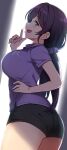  1girl black_shorts breasts duke_(inu_daimyou) green_eyes hair_ornament hair_scrunchie index_finger_raised large_breasts long_hair looking_at_viewer love_live! love_live!_school_idol_project open_mouth purple_hair purple_scrunchie purple_shirt scrunchie shirt short_sleeves shorts solo t-shirt thighs toujou_nozomi 