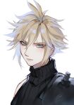  1boy armor blonde_hair blue_eyes closed_mouth cloud_strife earrings final_fantasy final_fantasy_vii final_fantasy_vii_remake hair_between_eyes highres honeypinq jewelry looking_at_viewer male_focus portrait short_hair shoulder_armor single_bare_shoulder single_earring sleeveless sleeveless_turtleneck solo spiked_hair turtleneck upper_body white_background 