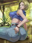  1girl android_18 ass blonde_hair blue_eyes bracelet breasts covered_nipples denim dragon_ball dragon_ball_fighterz dragon_ball_super dragon_ball_z earrings from_behind jeans jewelry kazo_(kazozakazo) large_breasts looking_at_viewer looking_back midriff pants short_hair sideboob sleeveless solo 