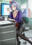  1girl artist_name breasts chair coffee_mug commission commissioner_upload computer cup desk earrings english_commentary fire_emblem fire_emblem:_genealogy_of_the_holy_war fire_emblem_heroes high_heels highres ishtar_(fire_emblem) jewelry long_hair monitor mug office office_chair office_lady paper pen ponytail purple_eyes skirt spykeee swivel_chair window 