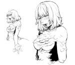 1girl blood blood_on_face body_fur chimera dungeon_meshi falin_thorden from_side greyscale looking_ahead looking_at_viewer maaa_0211 monochrome monster_girl multiple_views navel nude open_mouth reaching reaching_towards_viewer short_hair spoilers tears 