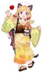  1girl ?_block absurdres alternate_costume animal_ear_headphones animal_ears battle_rifle blonde_hair blue_archive bow candy_apple cat_ear_headphones clip_(weapon) coin commentary fake_animal_ears food full_body geta gun h&amp;k_g3 hair_bow halo headphones highres holding holding_food japanese_clothes kimono looking_at_viewer mario_(series) medium_hair menthako momoi_(blue_archive) new_super_mario_bros._u_deluxe no_socks obi obijime open_mouth print_kimono red_bow red_eyes rifle sash short_hair simple_background solo standing straight-on super_mario_3d_land super_mario_3d_world super_mario_odyssey super_star_(mario) symbol-only_commentary tail v-shaped_eyebrows warp_pipe weapon white_background yukata |_| 