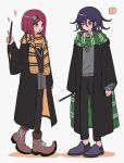  ! 1boy 1girl black_pantyhose brown_eyes danganronpa_(series) danganronpa_v3:_killing_harmony full_body green_scarf grey_skirt grey_sweater harry_potter_(series) highres holding holding_wand hufflepuff looking_at_another oma_kokichi pantyhose pointy_footwear purple_eyes purple_footwear purple_hair red_hair scarf short_hair skirt slytherin spoken_exclamation_mark standing sweater wand white_background wizarding_world xiao_(grsnss25) yellow_scarf yumeno_himiko 