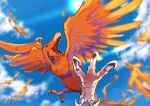  1other bird birdramon blue_sky claws day digimon digimon_(creature) feathered_wings fire kesica_ran no_humans open_mouth outdoors signature sky solo talons watermark wings 