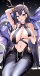  1girl absurdres areola_slip arm_up armpits azur_lane black_background black_dress black_hair black_nails blue_eyes blush breasts cleavage collarbone dress golden_hind_(azur_lane) highres horns large_breasts long_hair looking_at_viewer mole mole_under_mouth navel sideboob smile stomach tentacles tongue tongue_out usagi_poi wet 