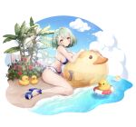  1girl bare_arms bare_legs bare_shoulders beach bikini blue_bikini blue_footwear blue_sky blush bob_cut braid breasts catherine_(eversoul) cloud eversoul fence flower frilled_bikini frills full_body game_cg green_hair hair_flower hair_ornament high_heels highres innertube looking_at_viewer medium_breasts midriff official_alternate_costume official_art plant red_flower rubber_duck short_hair sitting sky smile solo stomach swimsuit tachi-e thigh_strap thighs transparent_background wariza white_bikini white_flower yellow_eyes 