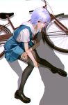  1girl ayanami_rei bicycle black_footwear black_pantyhose blood blood_from_mouth blood_on_face blue_dress dress drive_shot highres injury loafers looking_at_viewer neon_genesis_evangelion pantyhose phallic_symbol pinafore_dress purple_hair red_eyes shadow shirt shoes short_hair sitting sleeveless sleeveless_dress solo torn_clothes torn_pantyhose v-shaped_eyebrows white_shirt 