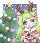  1girl animal_ears antlers blue_background border capelet chibi christmas christmas_tree deer_antlers deer_ears dress fire flower fur-trimmed_capelet fur_trim green_hair grin hair_flower hair_ornament head_tilt highres holding holly_hair_ornament kumu_zaisheng long_hair outside_border pink_fire qili_(xiao_huaxian) red_capelet red_dress short_eyebrows smile snow snow_globe solo upper_body white_border xiao_huaxian 