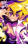  1boy absurdres akutare_(disgaea) belt blonde_hair chain chain_necklace coat colored_shadow disgaea english_text gold_chain grin highres jewelry kasumi_koujou makai_senki_disgaea_2 male_focus necklace pants pointy_ears purple_eyes purple_pants shadow smile solo teeth topless_male v v_over_eye 