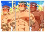  4boys abs absurdres arm_hair bandaid bandaid_on_cheek bandaid_on_face bara beard_stubble big_nose blue_hair blush body_hair bound bound_arms chest_hair cropped dark-skinned_male dark_skin ear_blush fire_deity_(housamo) hachimaki hairy halo_behind_head headband highres huge_eyebrows infernal_deity_(housamo) large_pectorals light_brown_hair male_focus mature_male mikura0317 multiple_boys muscular muscular_male navel nether_deity_(housamo) nipples old old_man pectorals rope short_hair shy sideburns stomach thick_eyebrows tokyo_afterschool_summoners topless_male translation_request upper_body v-shaped_eyebrows very_sweaty wood_deity_(housamo) wrinkled_skin 