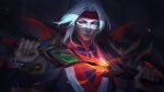  1boy absurdres armor artist_name facial_tattoo glowing glowing_sword glowing_weapon headband highres holding holding_weapon league_of_legends long_hair long_sleeves looking_at_viewer male_focus piscina red_eyes red_headband sheath tattoo unsheathing upper_body weapon white_hair zed_(league_of_legends) 