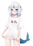  1girl blue_eyes blue_hair blush bottomless fins fish_tail gawr_gura hatsuitsumo highres hololive hololive_english looking_at_viewer medium_hair multicolored_hair oversized_clothes shark_girl shark_tail shirt solo streaked_hair t-shirt tail two-tone_hair two_side_up virtual_youtuber white_hair 
