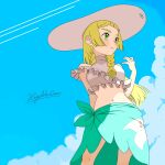  1girl blonde_hair blunt_bangs blush braid breasts closed_mouth cloud day eyelashes frills from_below frown green_eyes green_sarong hand_up hat highres hiyokko2min knees lillie_(pokemon) long_hair midriff navel outdoors pokemon pokemon_(game) pokemon_sm sarong signature sky solo standing sun_hat twin_braids 