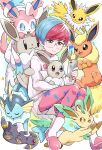  1girl absurdres alternate_color aqua_hair boots closed_mouth commentary_request eevee flareon glasses grey_eyes highres holding holding_phone hood hoodie jolteon leafeon looking_down multicolored_hair pantyhose penny_(pokemon) phone pink_pantyhose pokemoa pokemon pokemon_(creature) pokemon_(game) pokemon_masters_ex rotom rotom_phone round_eyewear see-through see-through_skirt short_hair shorts shorts_under_skirt skirt smile star_(symbol) sylveon two-tone_hair umbreon vaporeon white_footwear white_hoodie white_shorts 