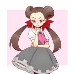  1girl border brown_hair commentary_request cowboy_shot dress hair_ribbon haru_(haru4782) highres looking_at_viewer outside_border pinafore_dress pink_background pokemon pokemon_(game) pokemon_oras red_eyes ribbon roxanne_(pokemon) sleeveless sleeveless_dress solo twintails white_border 