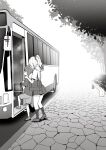  1boy 1girl absurdres bag blush bus commentary_request greyscale hands_on_another&#039;s_shoulders highres male_child monochrome motor_vehicle original outdoors road school_bag school_uniform sidewalk sky-freedom tree 