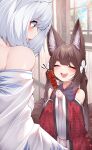  2girls absurdres amagi-chan_(azur_lane) animal_ears azur_lane bare_shoulders blue_eyes blush brown_hair closed_eyes excited eyeshadow facing_viewer fang food fox_ears fox_girl fox_tail hair_between_eyes hands_up highres holding holding_food indoors japanese_clothes kaga_(azur_lane) kimono kitsune looking_at_another makeup medium_hair multiple_girls multiple_tails off_shoulder open_mouth print_kimono red_eyeshadow red_kimono samip slit_pupils tail teeth upper_teeth_only white_hair white_kimono 