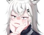  1girl 1other anger_vein animal_ear_fluff animal_ears arknights black_jacket fang grey_eyes grey_hair hair_between_eyes hair_ornament hairclip hand_up highres holding_another&#039;s_wrist jacket langou62797 lappland_(arknights) long_hair out_of_frame parted_lips simple_background upper_body white_background 