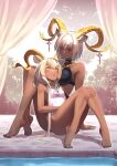  2girls :o animal_ears ankh_necklace arknights artist_name backlighting bare_arms bare_shoulders barefoot beeswax_(arknights) between_breasts black_one-piece_swimsuit blonde_hair blush breasts carnelian_(arknights) carnelian_(shimmering_dew)_(arknights) casual_one-piece_swimsuit collarbone curtains day eye_contact goat_ears goat_girl goat_horns highres horn_ornament horns jewelry knees_up large_breasts looking_at_another multiple_girls necklace official_alternate_costume on_floor one-piece_swimsuit open_mouth pool red_eyes short_hair siblings sisters sitting small_breasts sunlight swimsuit water white_hair white_one-piece_swimsuit yamauchi_(conan-comy) yellow_eyes 